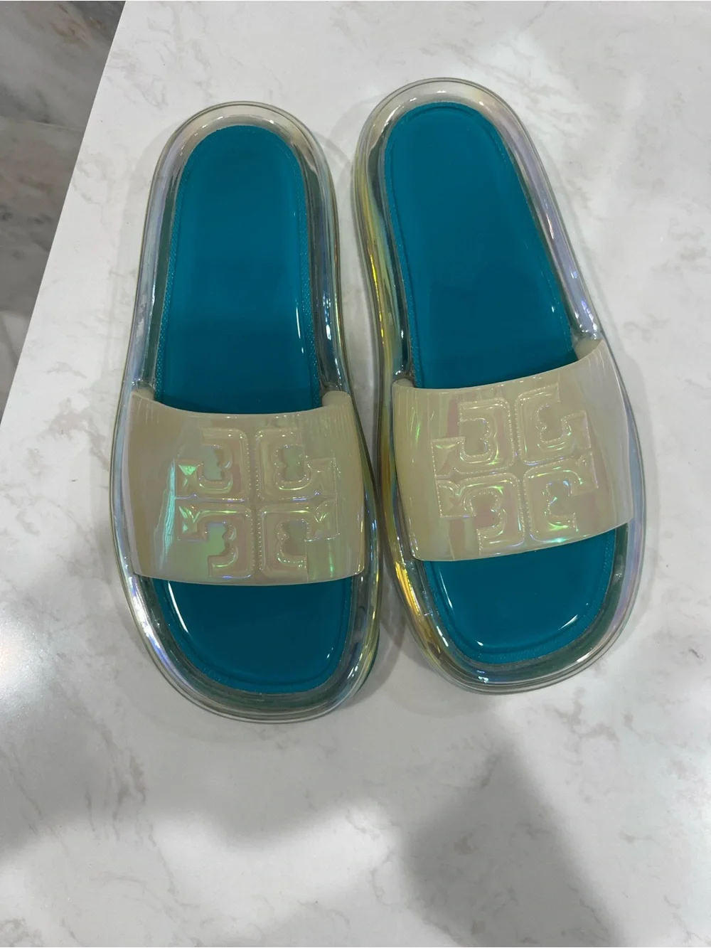 Clear Jelly Slide Sandals with Teal Footbed